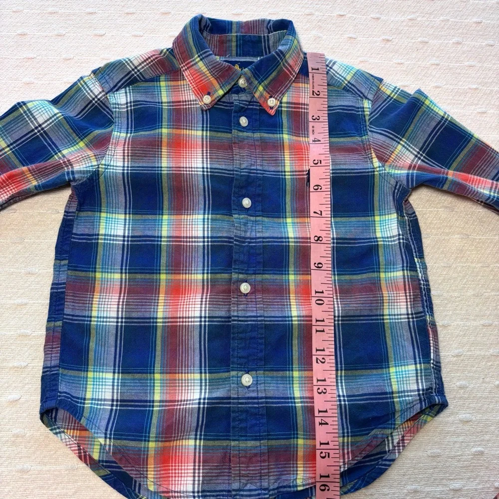 Ralph Lauren Polo Boy Blue Green Orange Cotton Plaid Button Dress Shirt  Size 3T